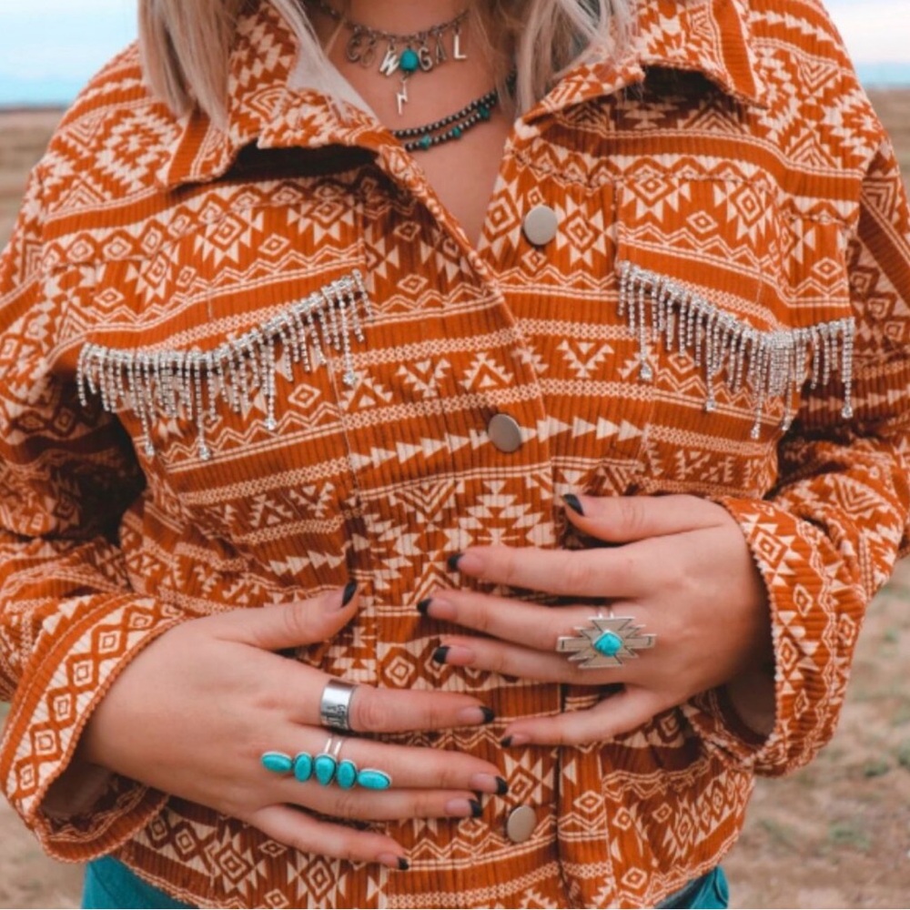 Savannah Jane  Orange and Cream Aztec Patterned  Bling Jean Jacket - Picture 3 of 7